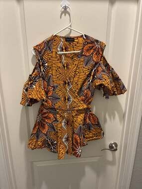 MAE OTTI Orange Ankara Print Cold Shoulder 2XL Cotton Blouse